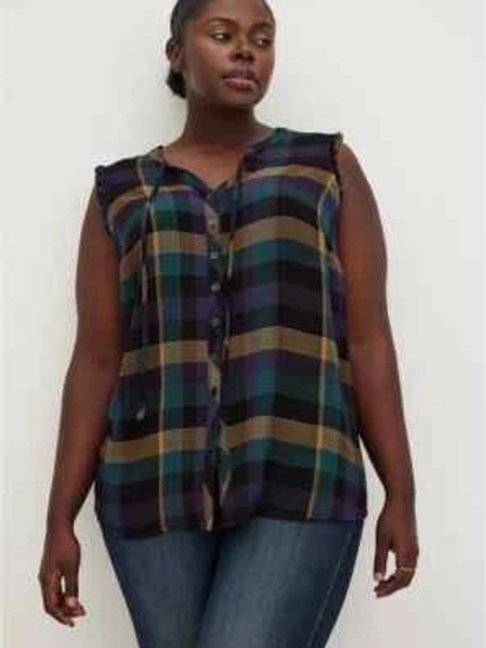 torrid Plaid Sleeveless Button-Down Top in Teal, Olive & Black